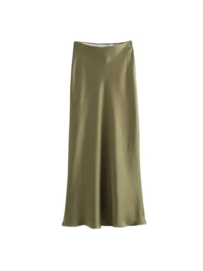 TRZA Women's Soft Touch Silk-Like Midi Skirt High Waist Elastic Waistband Chic Fashion Female Skirts Elegant Mujer