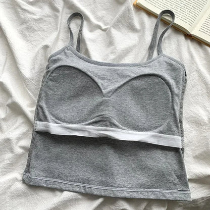 Women's Solid Color Spaghetti Straps Sleeveless Slim Camisole with Chest Pad Cotton Summer Wear Outside Female Short Tops Vests