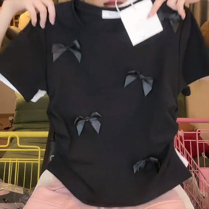 Elegant Ballet Bowknot T Shirts Round Collar Japanese Style Women Top Solid Color Short Sleeve Ribbon Crop Tank Top Women Girl