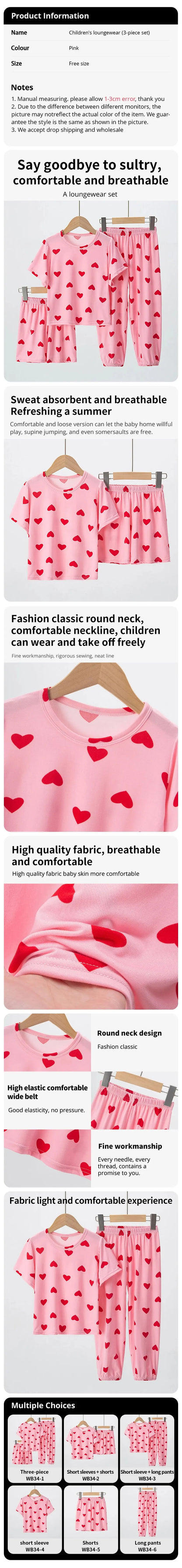 3 Piece Children's Summer Short-sleeved Pants And Shorts Three-piece Boy And Girl Comfortable Thin Air-conditioned Pajamas Set