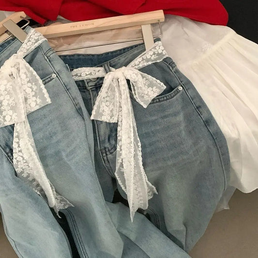 Unique Y2k Long Lace Waistband Bow Thin Lace Waist Belt Floral Tie Up Dress Jeans Belt Streetwear