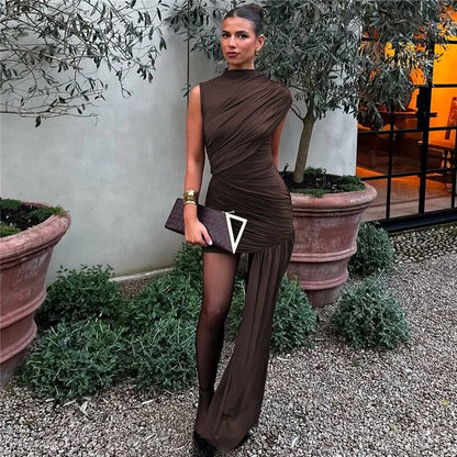 Balitops Summer Draped Ruched Sexy Mini Dress Women 2025 New Irregular High Waist Slim Fit Dress Female Elegant Club Tank Dress