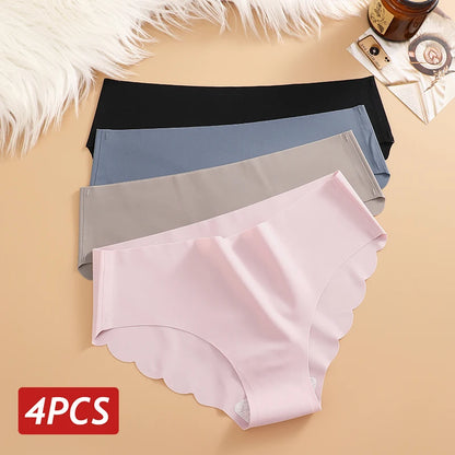 Ice Silk Seamless Panties 4PCS/Set Women's Briefs Solid Color Elastic Underwear Female Ultra Thin No Trace Wavy Side Panties
