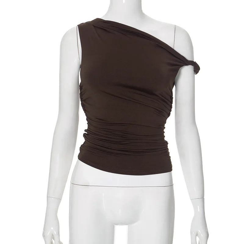 Simple Basic Casual Summer Tank Top Sleeveless Solid Color Off Shoulder Side Ruched Crop Tops Vestidos Spring Women T S