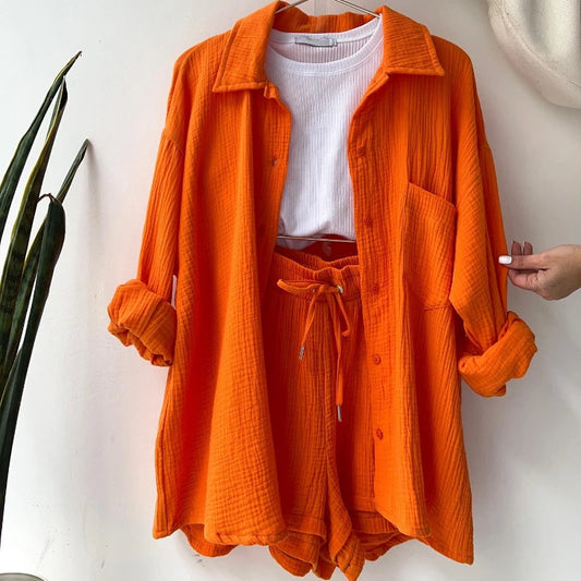 Solid Color Casual Loose Short Pants Sets For Women 2025 Elegant Summer Women's Two Pieces Suit Full Set Female Outfit Clothes