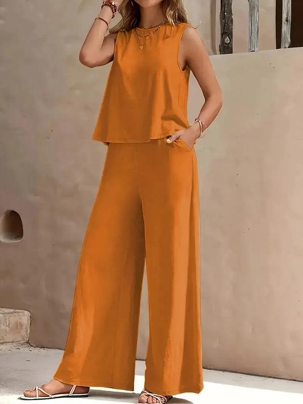 QX Womens Sleeveless Summer 2025 Pants Suit Flash Sale Solid Color Elegant Two Piece Round Neck Suit