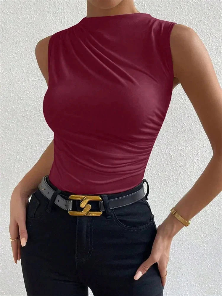 Women's Casual Mock Neck Ruched Tank Top Summer 2024 Solid Color Slim Fit Pleated Sleeveless T Shirt Tee Tshirt Streetwear