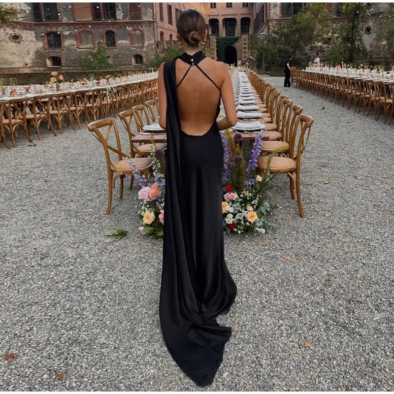 Elegant Solid Ribbon Women Halter Dress Off Shoulder Sleeveless Backless Slim Female Maxi Dresses 2025 Summer New Chic Lady Robe