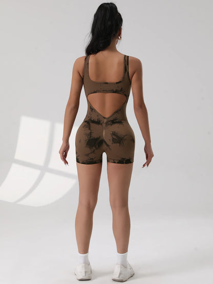 1PCS Backless Yoga Suit U Neck Sleeveless Sports Jumpsuit Solid Colour Threaded Stretch Women Bodysuit Without Bust Pads