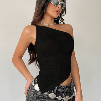 2025 New Fashionable Casual Women's T-Shirt Solid Color Single Shoulder Asymmetrical Slim Fit Top One-Piece Neck