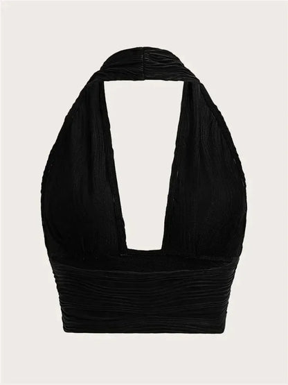 Solid White Backless Crop Halter Top Women Summer Y2K Club Grunge Clothes Deep V-neck Backless Sleeveless Tank Top Streetwear