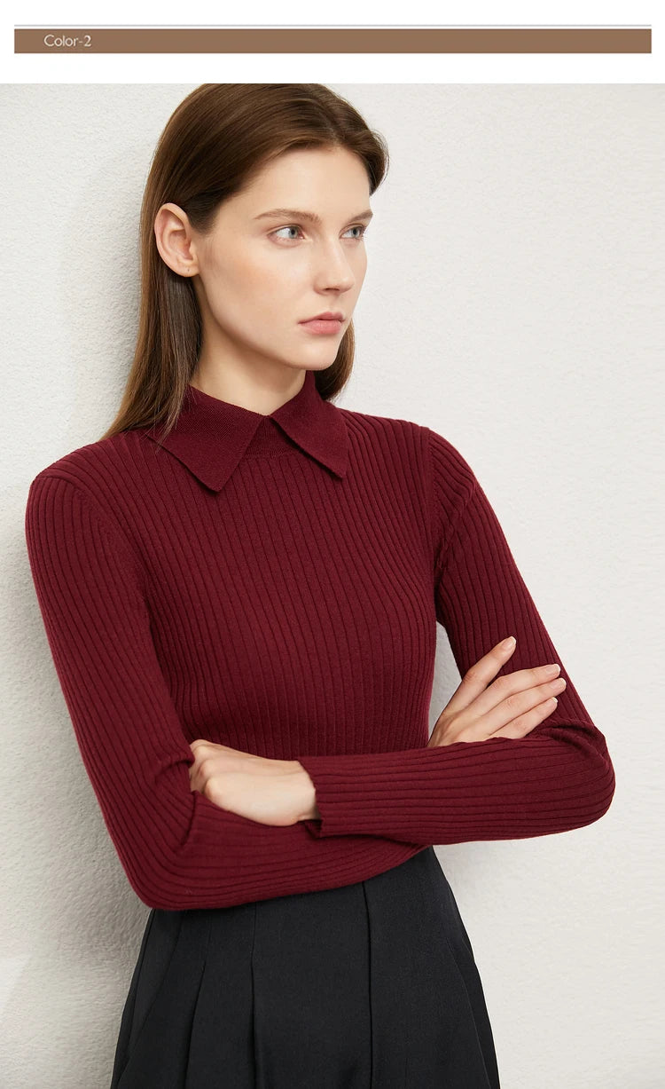 Amii Minimalism 2024 Sweater for Women Autumn New Office Lady Basic Lapel Striped Slim Knitted Tops Solid Trendy Blouse 12444058
