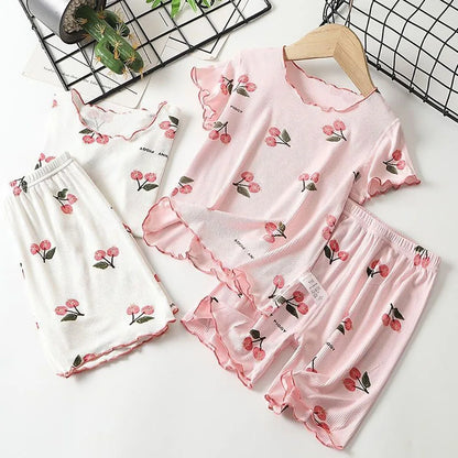 Girls Summer Pajama Set Cherry Blossom Print 4-Way Stretch Shorts & Tee Breathable Modal Blend for Bedtime and Playtime for 1-8Y