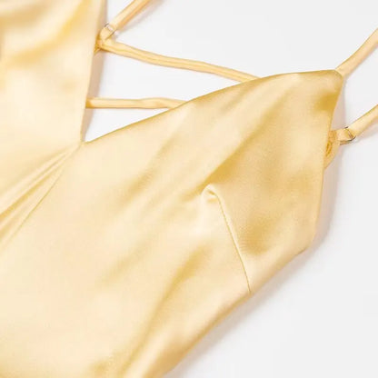 TRAFZA Women Summer Yellow Stain V Neck Sling Dress Elegant Sleeveless Loose Maxi Robes 2025 New Ladies Party Holiday Dresses