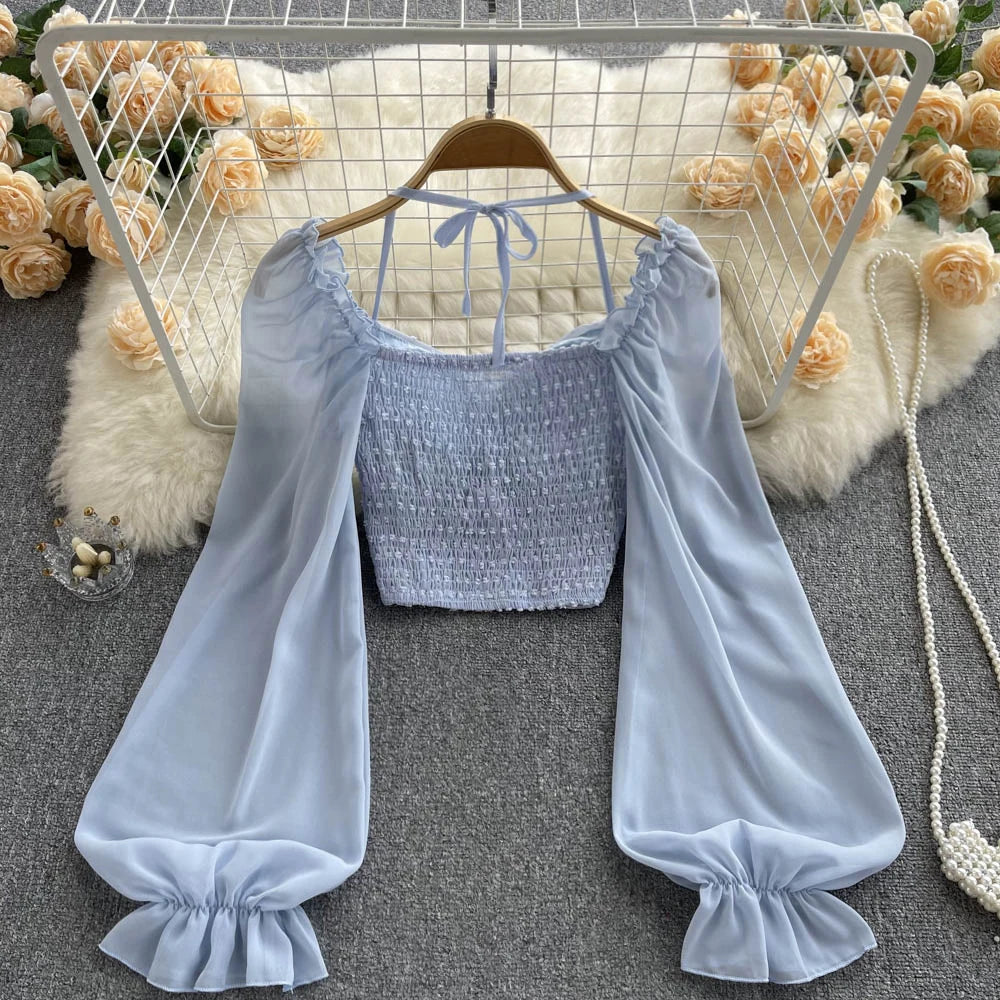 SINGREINY Polka Dot Folds Short Blouse Summer Slash Neck Long Sleeve Women Tie Halter Elastic Waist Fashion French Beach Top