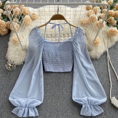 SINGREINY Polka Dot Folds Short Blouse Summer Slash Neck Long Sleeve Women Tie Halter Elastic Waist Fashion French Beach Top