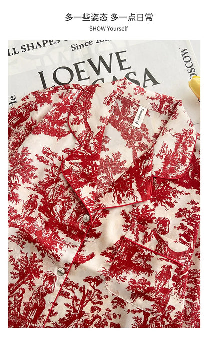 Fashion Print Flower 2PCS Pajamas Set Women Sleepwear Spring Summer Trouser Suits Lounge Wear Loose Satin Homewear Pijamas Suit