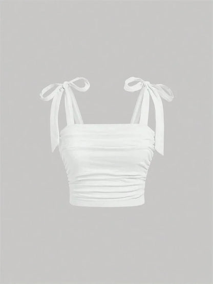 Solid Tie Shoulder Ruched Wide Strap Slim Fit Crop Top for Women Summer 2024 Y2K Clothes Pink Backless Cami Top Streetwear