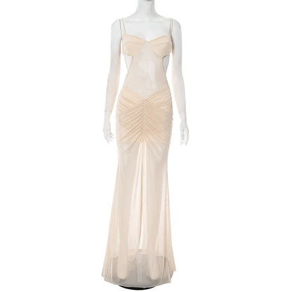 Sexy Off Shoulder Mesh See Through Maxi Dress Women Backless Ruched Elegant Gown 2025 Summer Night Prom Birthday Outfits