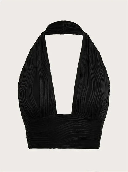 Solid White Backless Crop Halter Top Women Summer Y2K Club Grunge Clothes Deep V-neck Backless Sleeveless Tank Top Streetwear