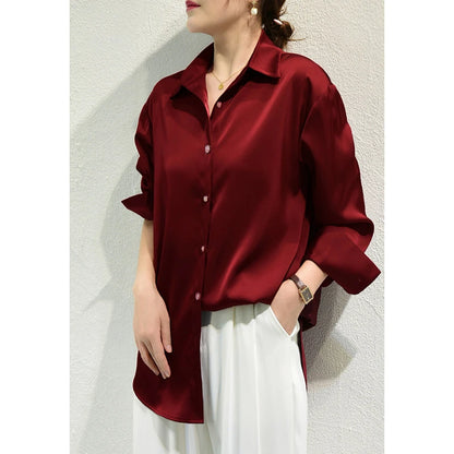 French Elegant Women Satin Glossy Shirt Summer Solid Loose Long Sleeve Blouses Office Lady's All-Match Shirt Vintage Casual Top