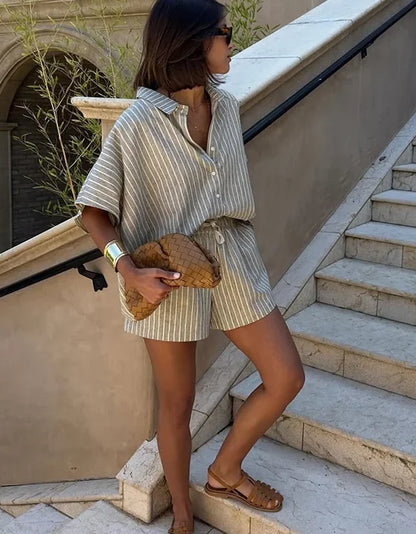 Women Elegant Stripes Cotton Linen Loose Shirt Shorts Suits Fashion Lapel Half Sleeves Elastic Waisted Shorts Summer Lady Outfit