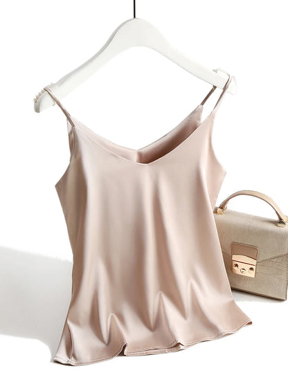 AOSSVIAO 2025 Spaghetti Strap Top Women Halter V Neck Basic White Cami Sleeveless Satin Silk Tank Tops Women'S Summer Camisole