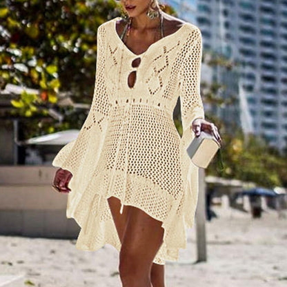 Sexy Women’s Bathing Suit Beach Cover Up Hollow Out Knitted Women Flared Sleeves Solid Color Beach Dress saida de praia