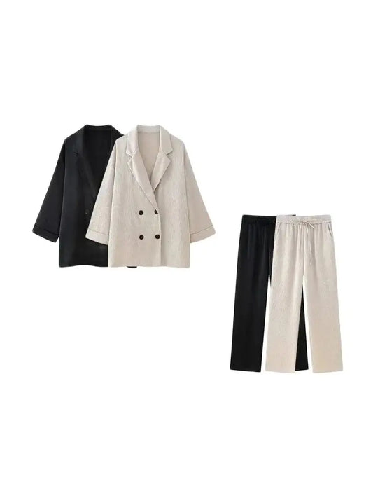 TRZA-Women's Double-Breasted Loose Blazer Coat and High Elastic Waist Wide Leg Pants, Female Two Piece Sets, Fashion