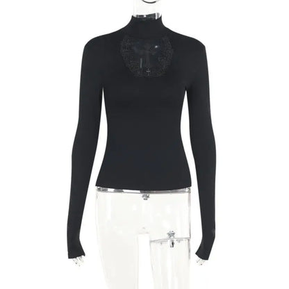 Turtleneck Top Y2k Clothes Black Gothic Cross Hollow Slimming Bottom T Shirt for Women Long Sleeve Sexy T-shirt Girls Tops