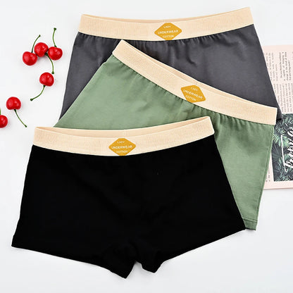3PCS/Pack 100% Cotton Multicolor Solid Women's Boxer Knit Breathable Panties Underwear Soft High Elastic Mid-rise Thin Boyshorts