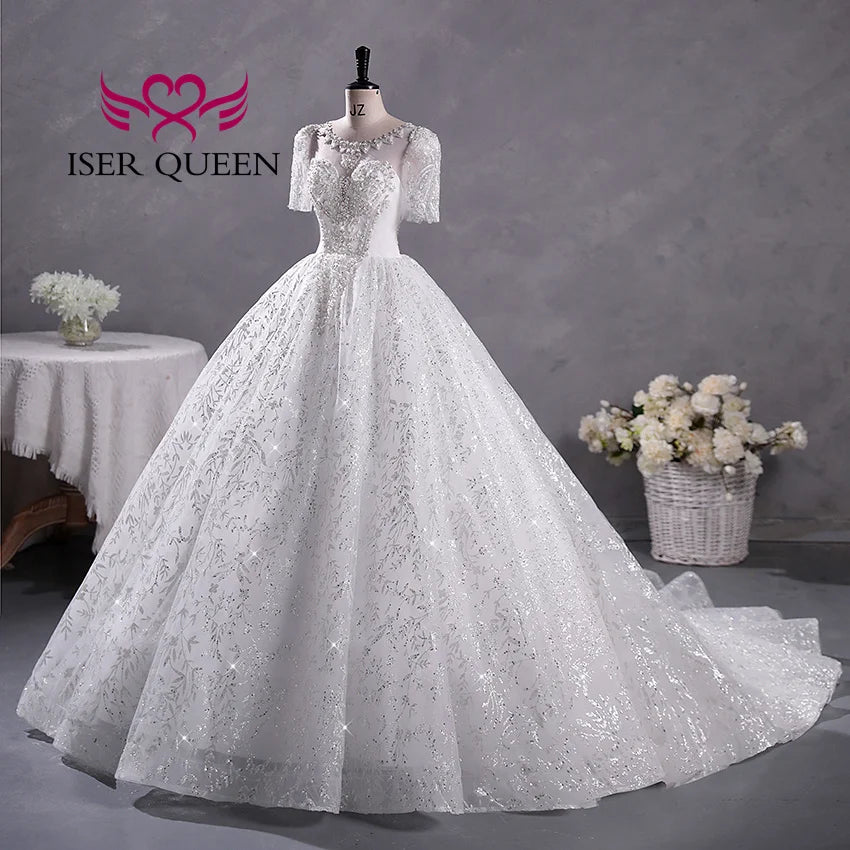 Customized Short Sleeves Sequin Tulle Wedding Dress For Woman 2025 Europe Fashion Wedding Party Dress Lace Appliques WX0397