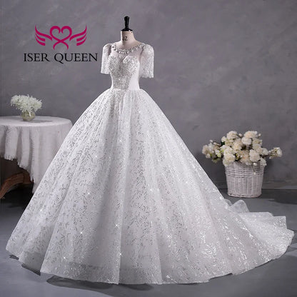 Customized Short Sleeves Sequin Tulle Wedding Dress For Woman 2025 Europe Fashion Wedding Party Dress Lace Appliques WX0397