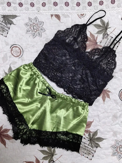 2 Pieces Pajamas Set for Women Sleepwear Sexy Lingerie Lace Silk Crop Tops and Shorts Sets Casual Nightwear Pijamas