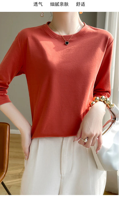 Spring And Summer New White Mercerized Cotton Short Sleeve T-Shirt Feminine Joker Cotton Cropped Sleeve Bottoming Shirt