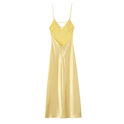 Yellow Elegant Stain Women's Sling Dress Sexy Backless Sleeveless V Neck High Waist Evening Gown Summer Chic Lady Partywear 2025