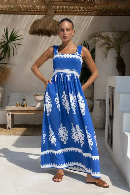2025 Summer Fashion New Women's Bohemian Style Dress Beach Vacation Printed Strap Fold A-line Length Dress