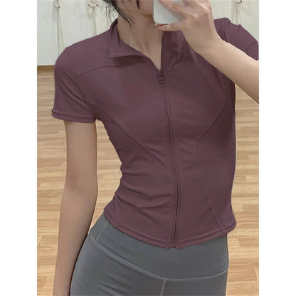 Women Summer Slim Yoga Tops Stand Collar Full Zipper Short Sleeves Shirts Solid Workout Clothes Gym Running Coats Lady Casual