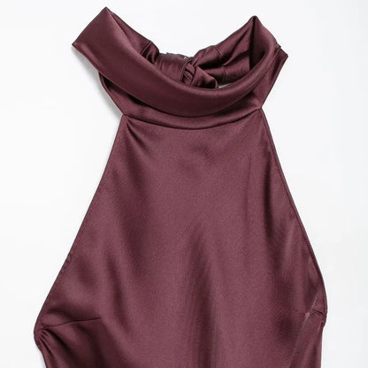 TRZA-Women's Long Satin Halter Dress, Backless, Bow Tied, Back Zipper, Female Dresses, Sexy Fashion