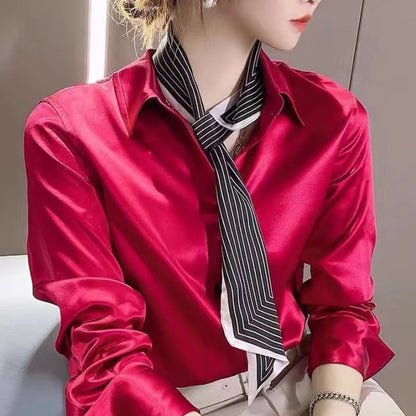 Solid Color Elegant Office Lady's Satin Shirt All-Match Trendy Women Shirts And Blouses Basic Chic Top Autumn French Chic Shirt
