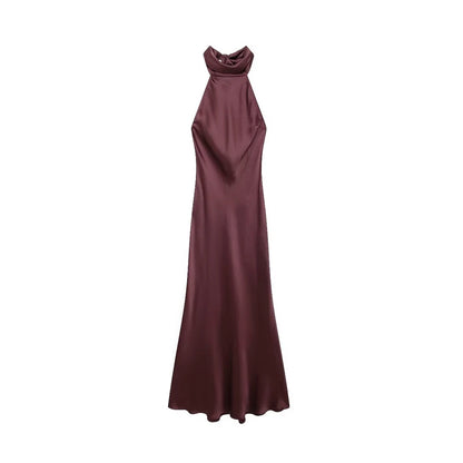 TRZA-Women's Long Satin Halter Dress, Backless, Bow Tied, Back Zipper, Female Dresses, Sexy Fashion