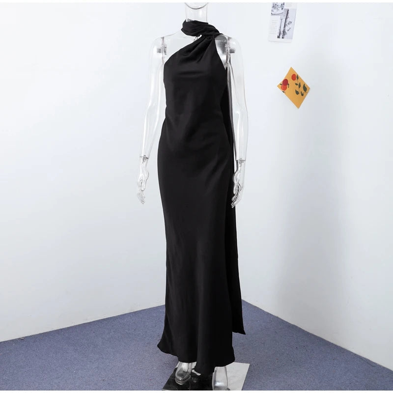 Elegant Solid Ribbon Women Halter Dress Off Shoulder Sleeveless Backless Slim Female Maxi Dresses 2025 Summer New Chic Lady Robe