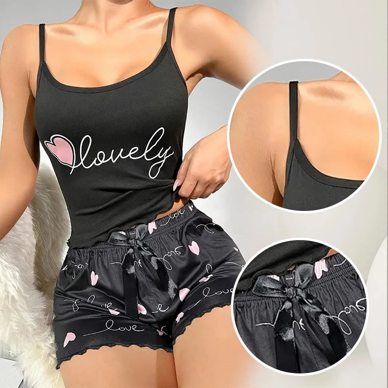 Women's Milk Silk Pajama Set Printed Camisole and Shorts Two-Piece Summer Comfort Homewear Sexy Loungewear Outfit