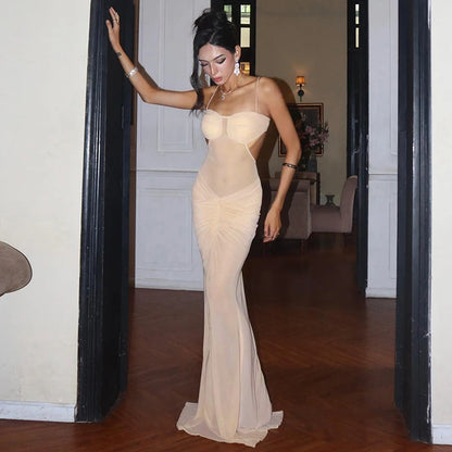 Sexy Off Shoulder Mesh See Through Maxi Dress Women Backless Ruched Elegant Gown 2025 Summer Night Prom Birthday Outfits