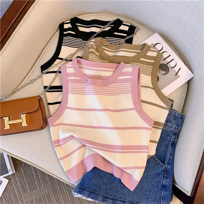 Knitted striped camisole women's summer outer wear French off-shoulder short sleeveless top versatile and trendy