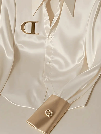 Elegant French Women's Pink/White Satin Shirt Turn-down Collar Long Sleeve Blouse Spring Autumn for Women Casual Office Lady New