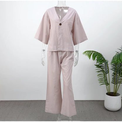 Women Classic Solid Wide Leg Pants Suits Summer Fashion V-neck One Button Loose Blouse Sets Casual Female Daily Streetwear 2025