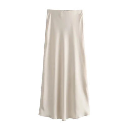 TRZA Women's Soft Touch Silk-Like Midi Skirt High Waist Elastic Waistband Chic Fashion Female Skirts Elegant Mujer