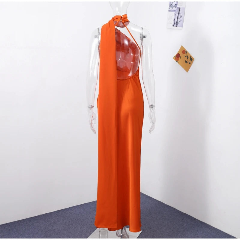 Elegant Solid Ribbon Women Halter Dress Off Shoulder Sleeveless Backless Slim Female Maxi Dresses 2025 Summer New Chic Lady Robe