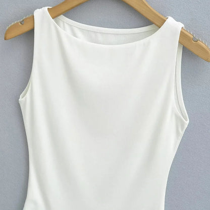 Women Double Layer Boat Neck Soft Slinky Tank Top